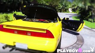 Sexy and petite big tits and perfect ass MILFs washed Acura NSX for Playboy