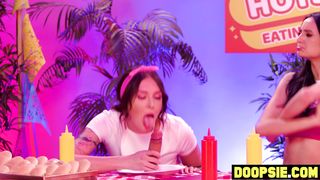 Kinky ebony contestant puts on a strapon to pound her competitors