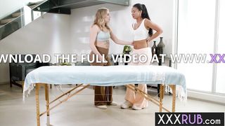 Lesbians tested a new massage table and black MILF enjoyed pussy licking