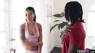 Young black guy pervs hard on two ebony teen lesbians