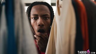 Young black guy pervs hard on two ebony teen lesbians