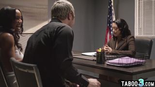 Ebony MILF August Skye and husband confronting with the latina counselor