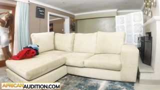 Big booty black girl rides a big white cock on amateur casting