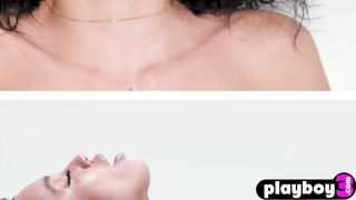 Petite curly black MILF hot masturbation after hot interview for Playboy