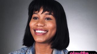 Busty luscious ebony MILF flaunt big boobs and finger hairy pussy